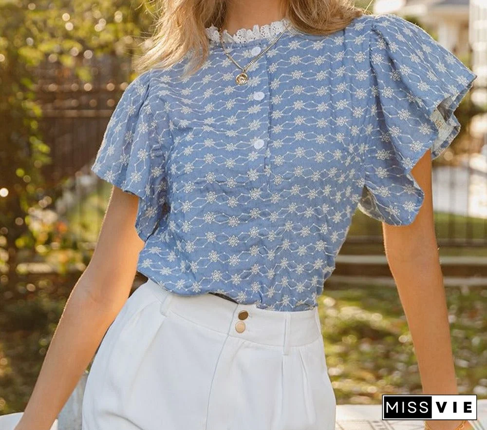 Casual spring summer floral embroidery blouse women Ruffle sleeves lace collar blouses elegant office lady shirt vintage