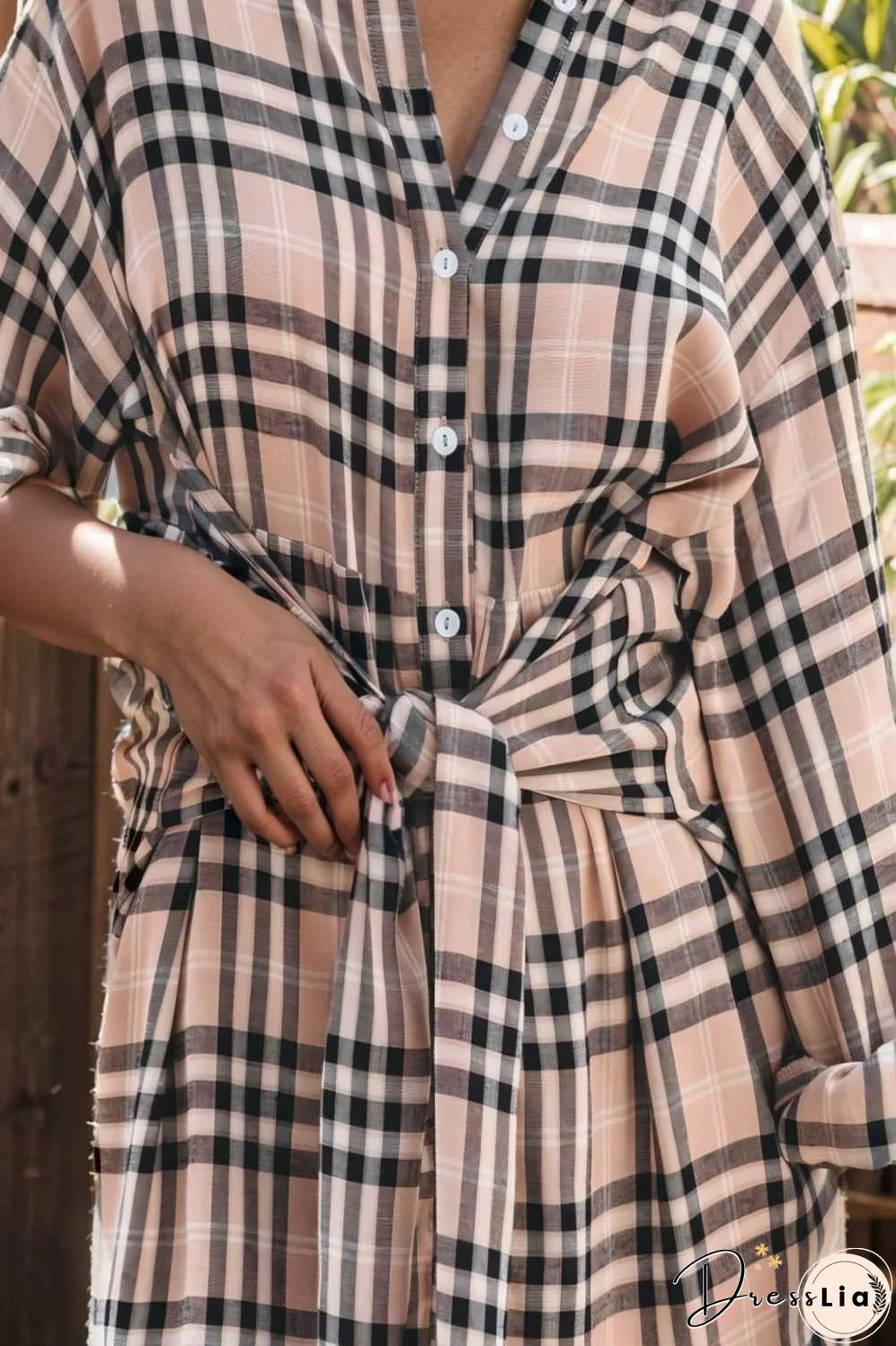 check print buttons lace up shirt dress