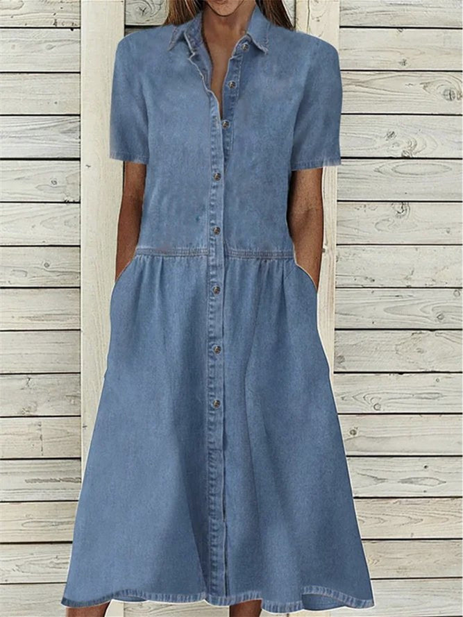 Women's Blue Short Sleeve Lapel Buttons Midi Dress