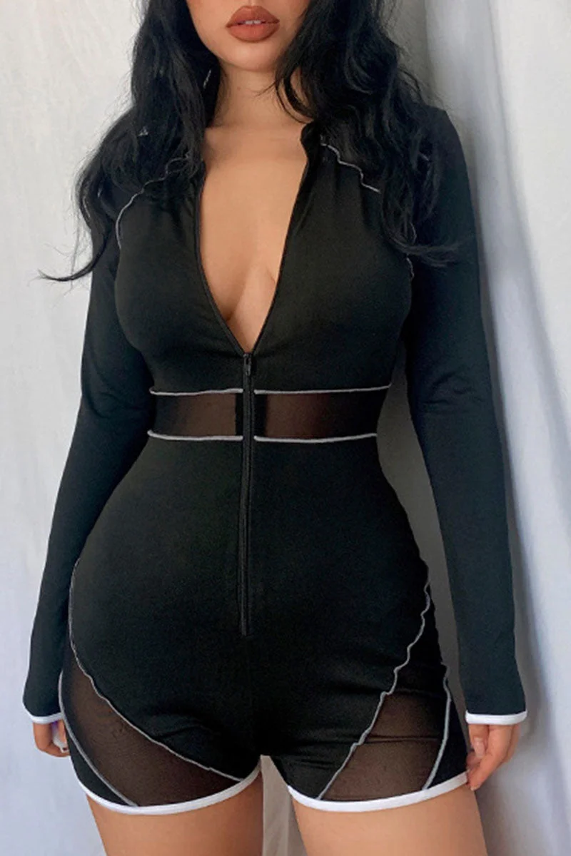 Sexy Solid Split Joint See-through Zipper Turndown Collar Regular Jumpsuits