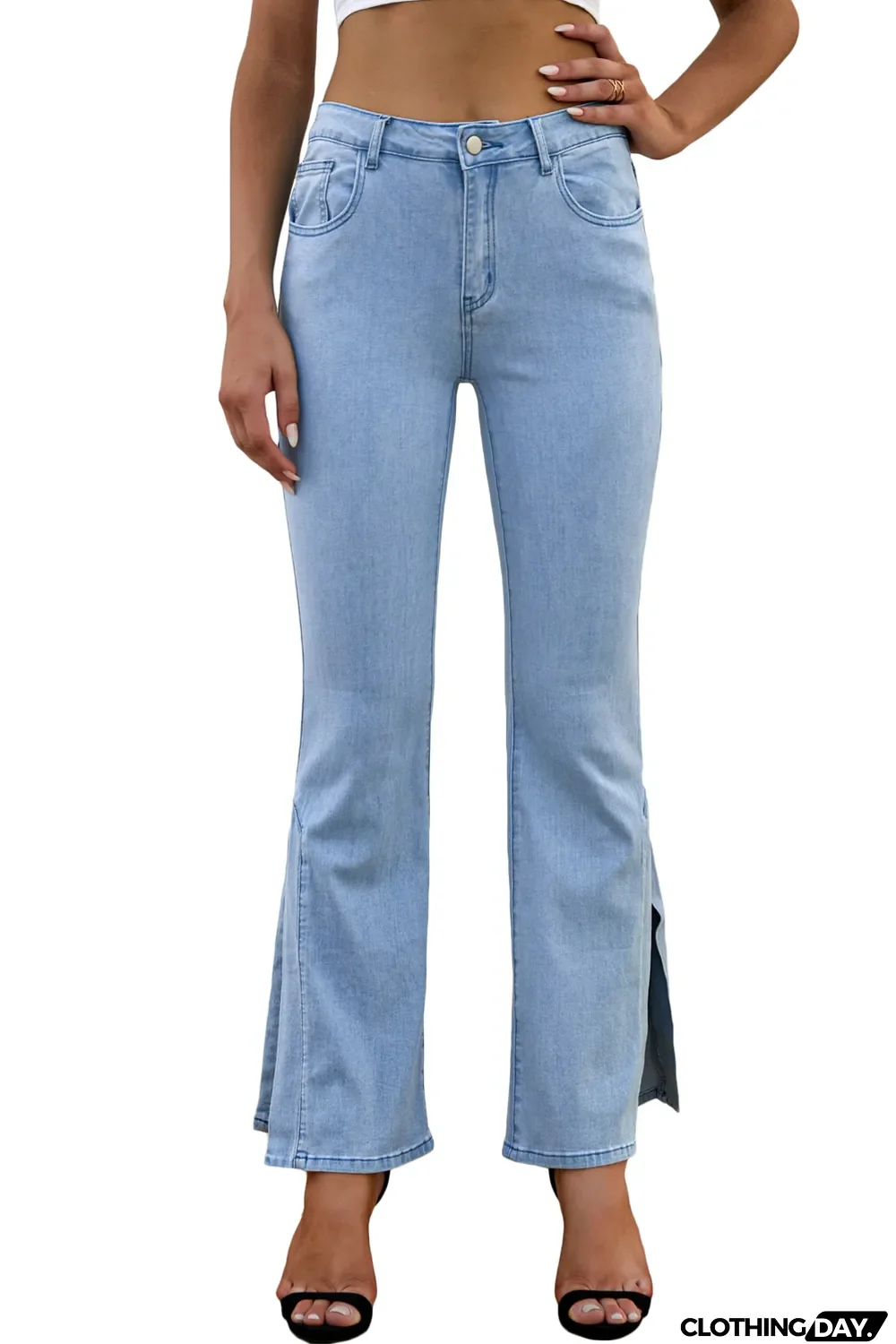 Sky Blue Wide Leg Split Hemline Flared Jeans
