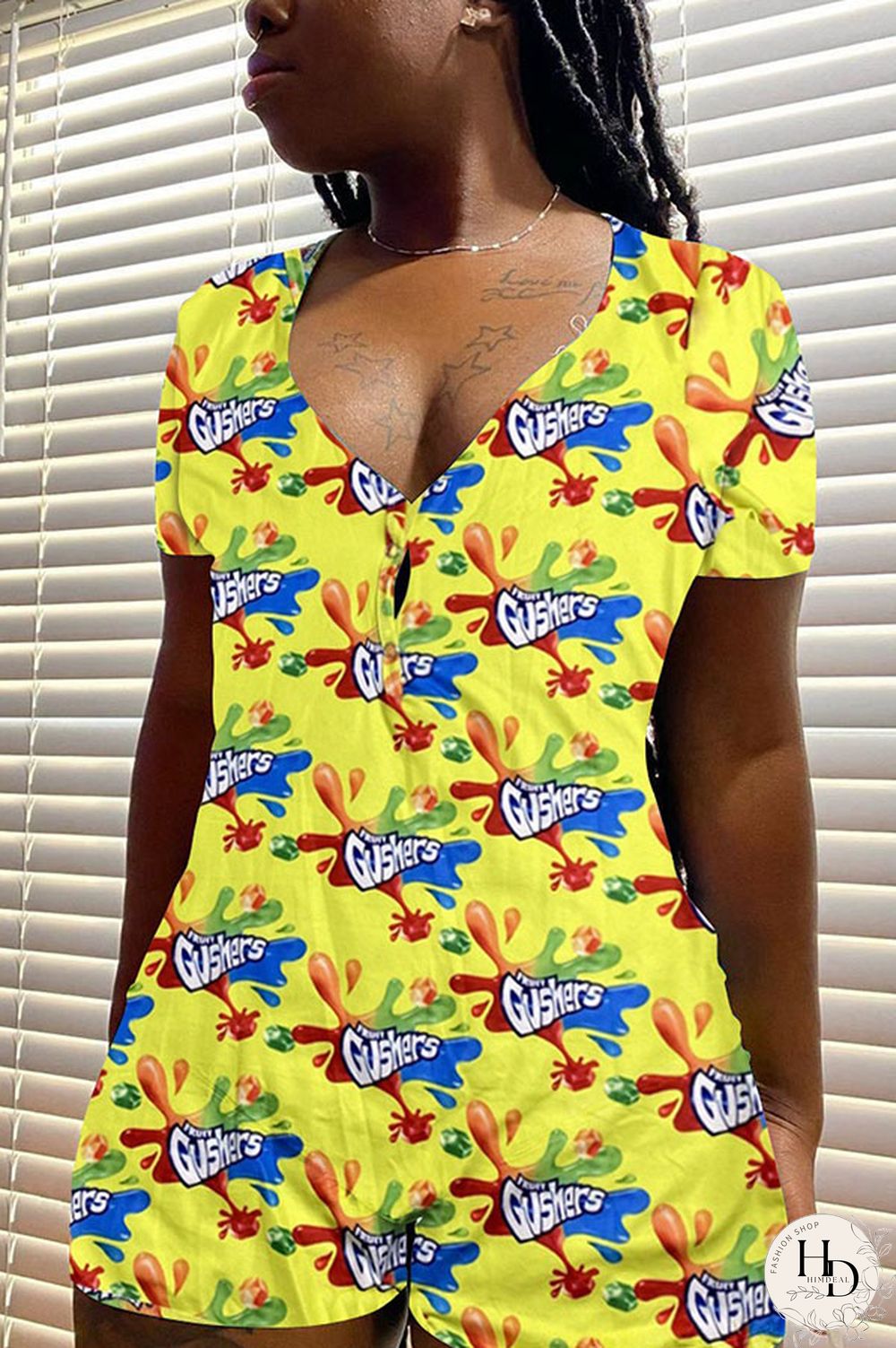 blue and yellow Casual Print Short Sleeve V Neck Jumpsuits