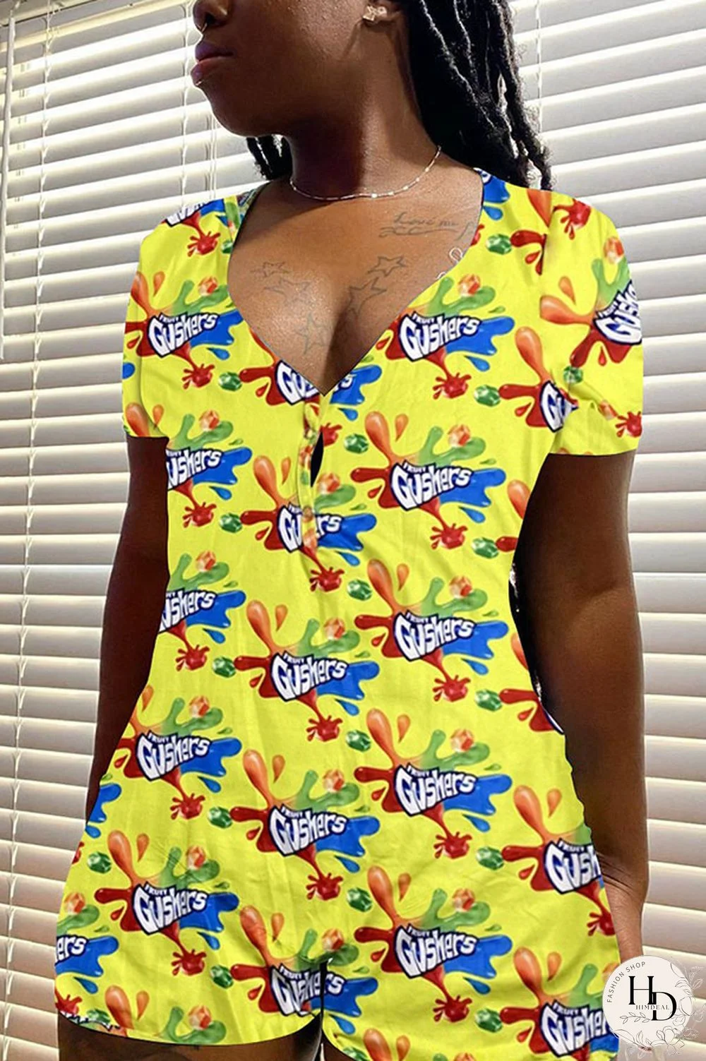 blue and yellow Casual Print Short Sleeve V Neck Jumpsuits