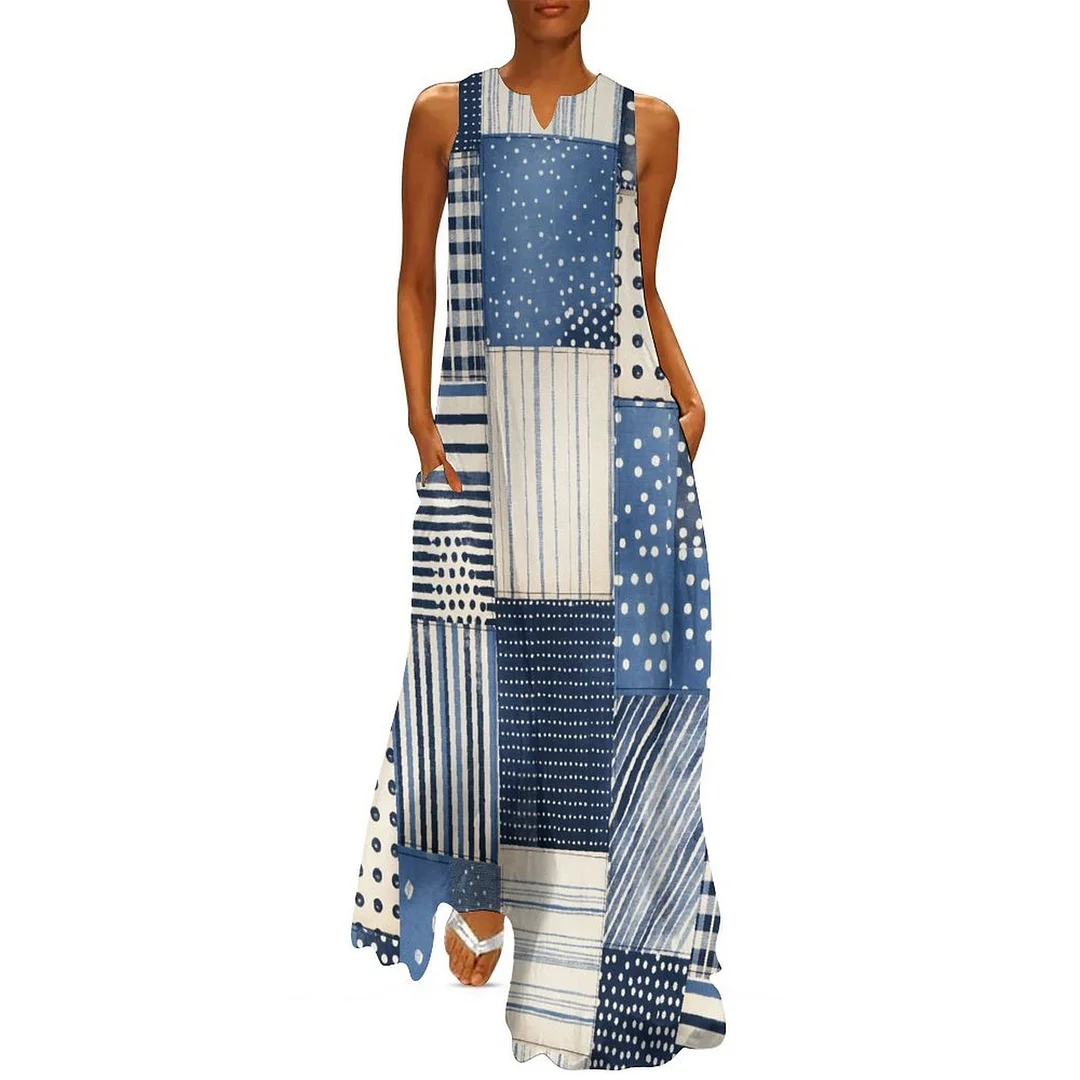 Style & Comfort for Mature Women Plus Size Printed Sleeveless Casual Women Maxi Dress with Pockets in Pattern Patchwork, Blue, Denim