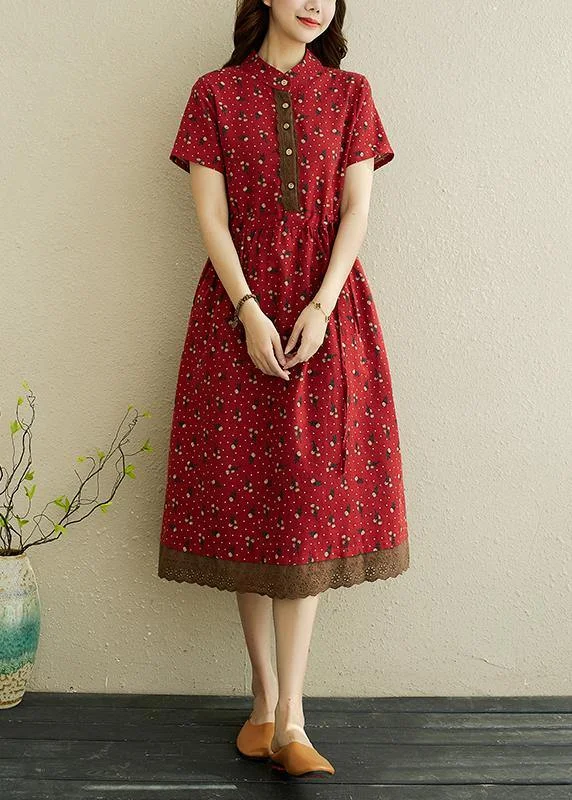 Women Red Print stand collar Robe Summer Cotton Dress