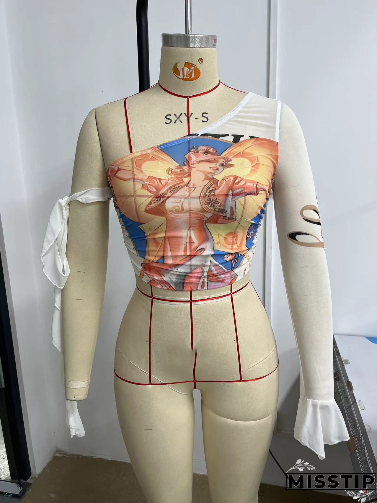 Summer Street Slash Shoulder Single Sleeve Print Women Crop Slim Top