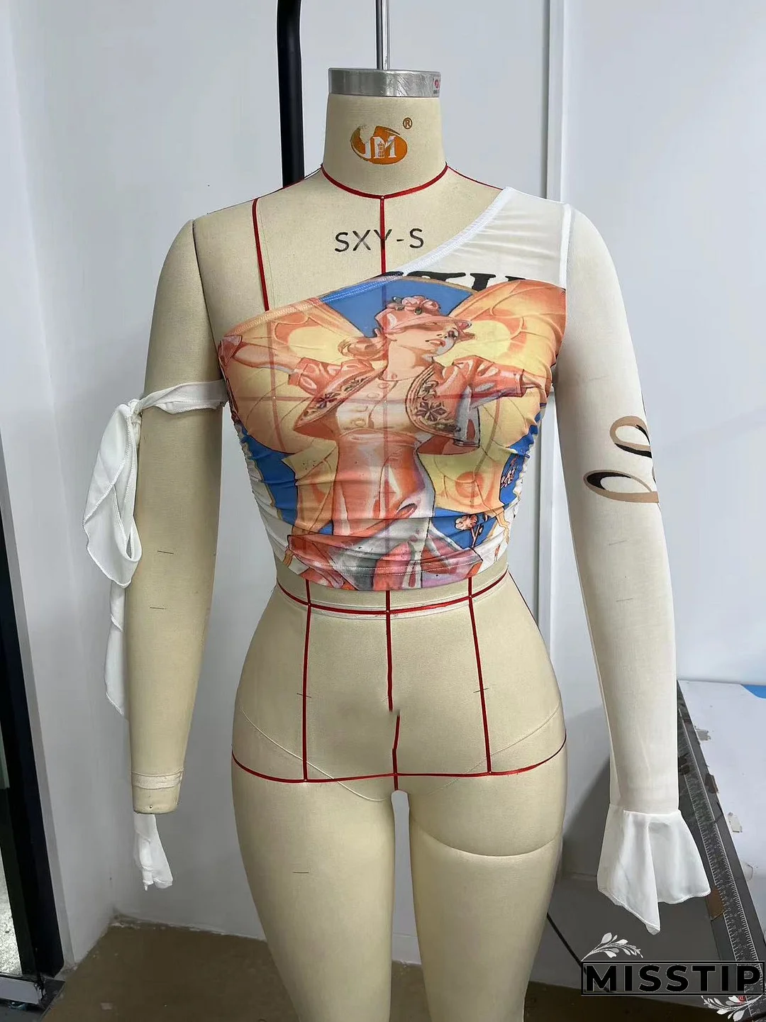 Summer Street Slash Shoulder Single Sleeve Print Women Crop Slim Top