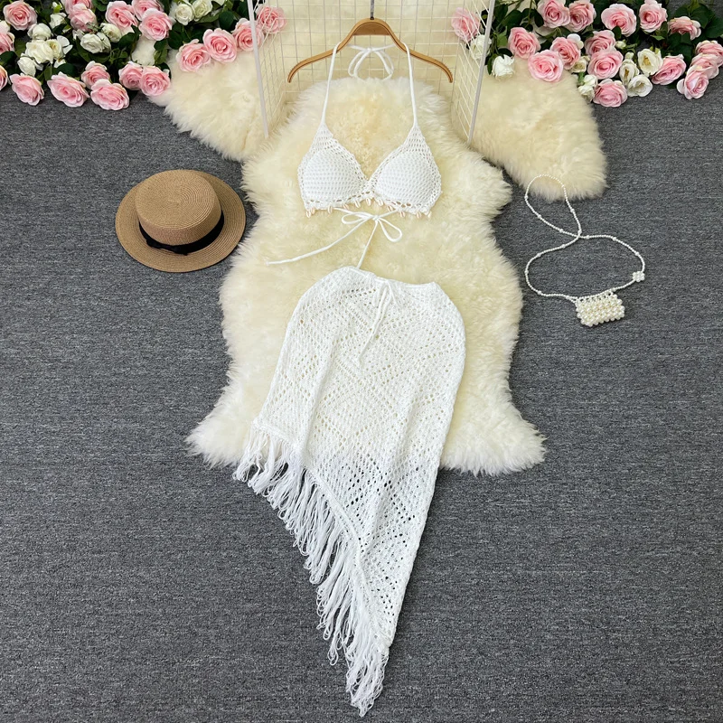 Zingj Zingj Ins Vacation Style Suit Female Design Sense Bikini Hanging Neck Vest Versatile Tassel Skirt Knit Two Sets