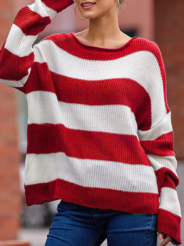 Contrast Color Striped Long Sleeves Loose Round-Neck Sweater Tops Pullovers