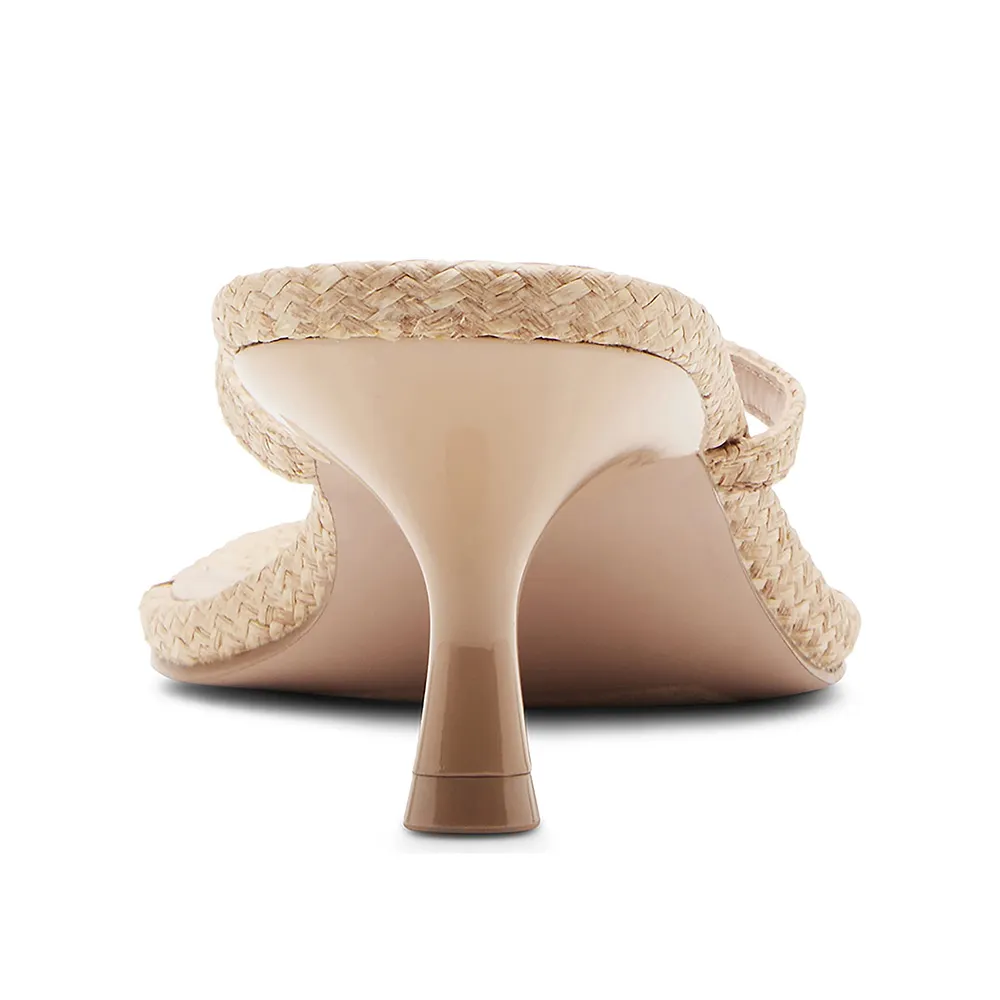 Women's Beige Square Toe Mid Heel Flip Flop Slip On Raffia Sandals