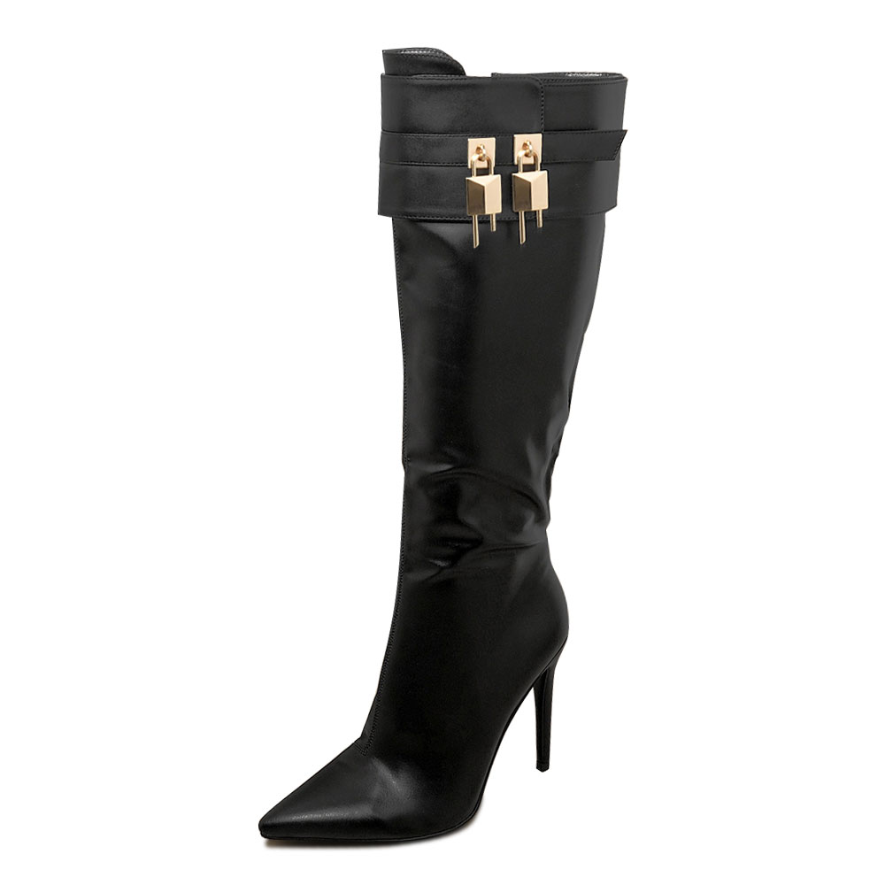 Stylish Pointed Toe Lock Decorated Knee-High Heeled Boots in Black Nicepairs