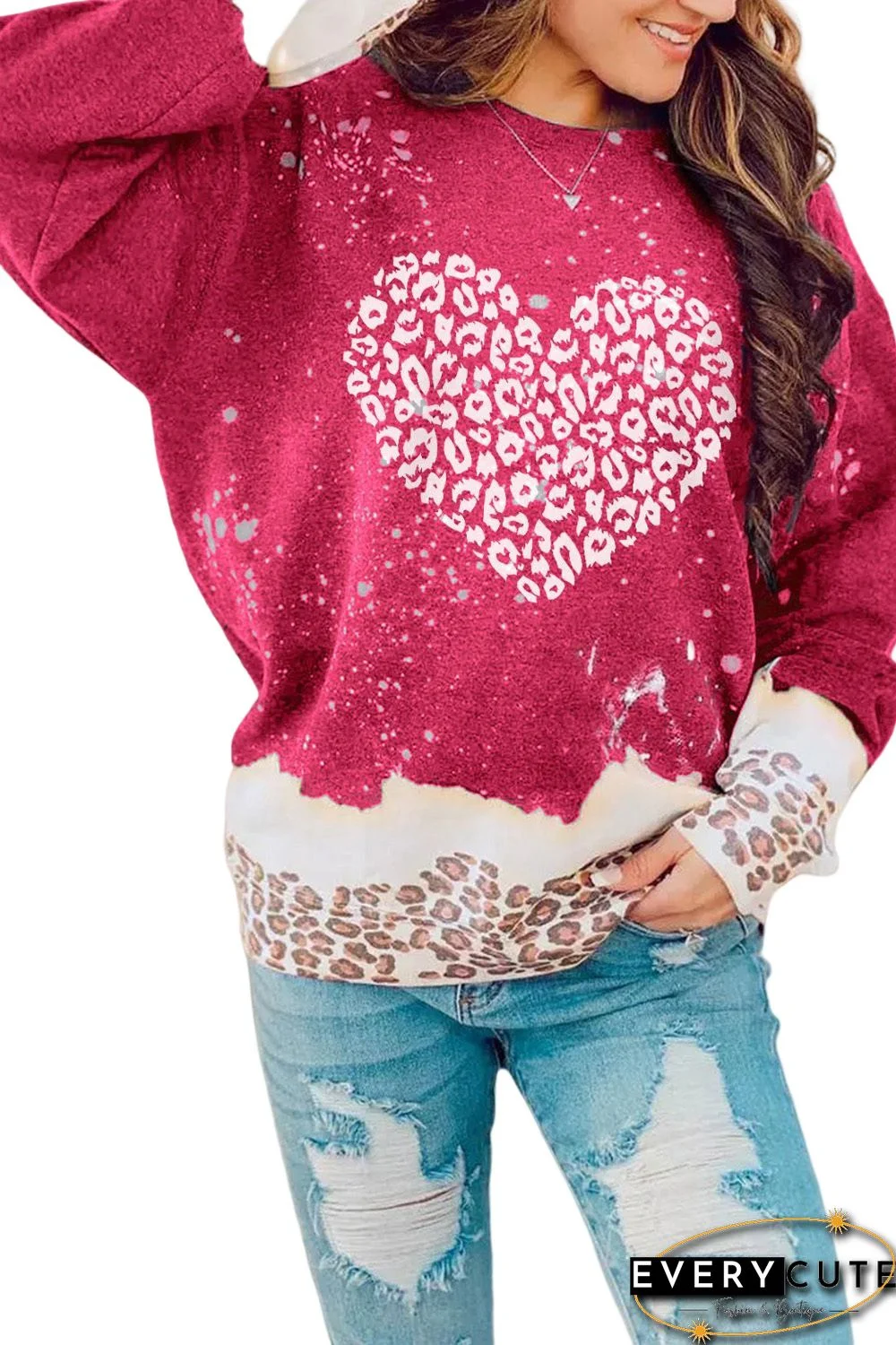 Red Leopard Bleached Heart Graphic Pullover Sweatshirt