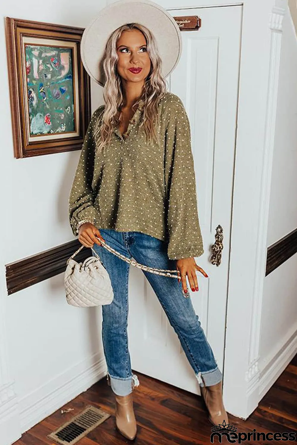 Green Swiss Dot Raglan Sleeves Knit Top