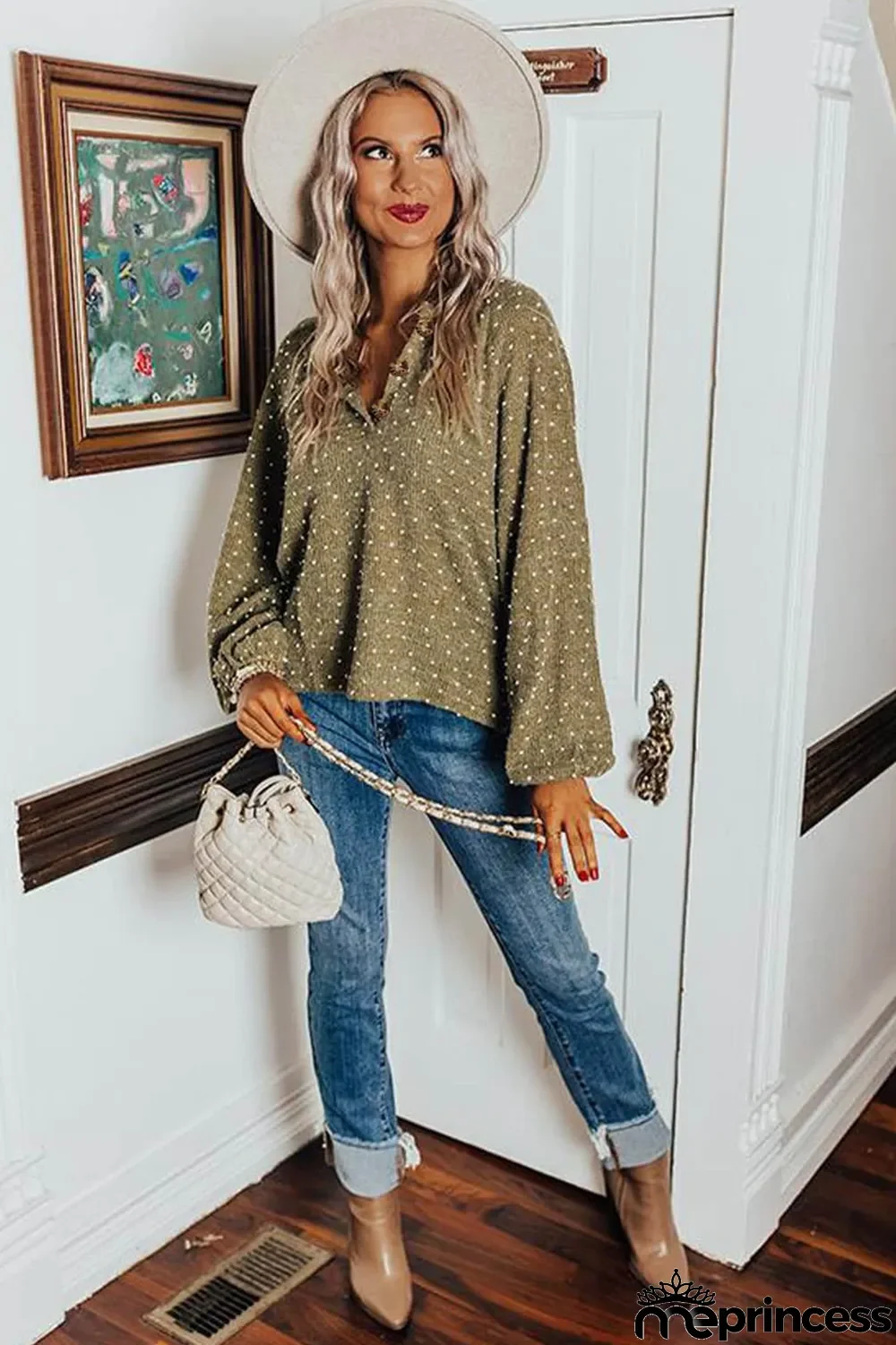 Green Swiss Dot Raglan Sleeves Knit Top