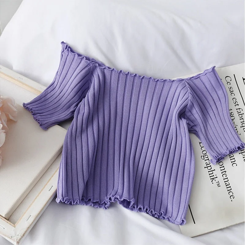 Ribber Purple T-shirt Off Shoulder Knitting Crop Top Women Short Sleeve Stretchy Ruffles Female Tshirt Y2k Stripes Summer Tops