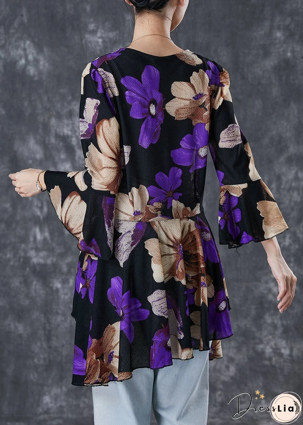 Purple Print Tulle Blouse Tops Exra Large Hem Flare Sleeve