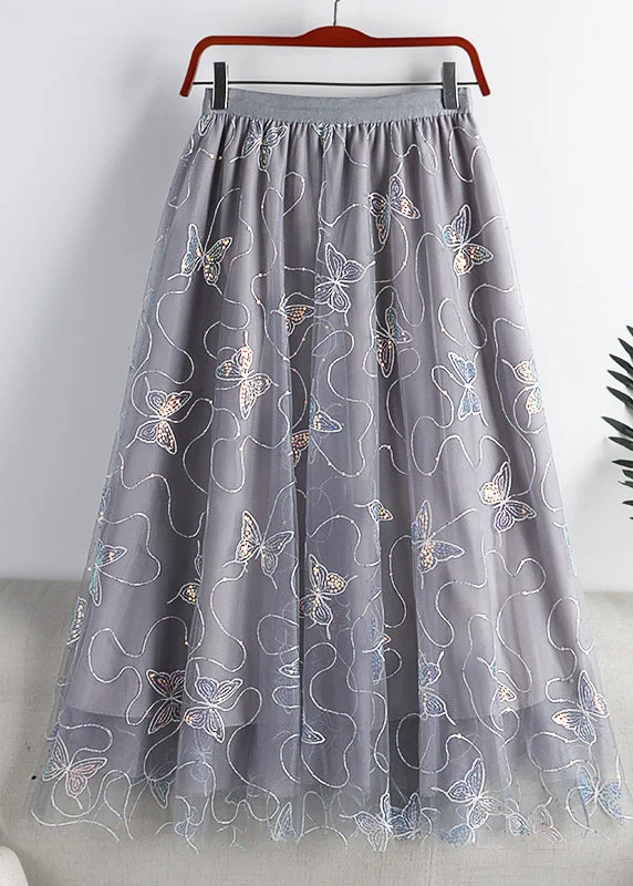 Grey Butterfly Embroidered Elastic Waist Tulle A Line Skirt Summer