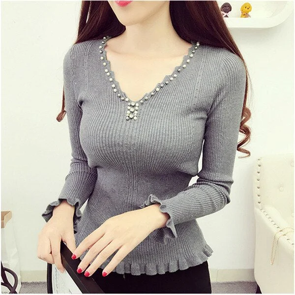 Spring Autumn Women Sweater 2020 New Fashion Beading V-neck Knitted Tops Solid Slim Elasticity Knit Pullover Sweater Female Y87