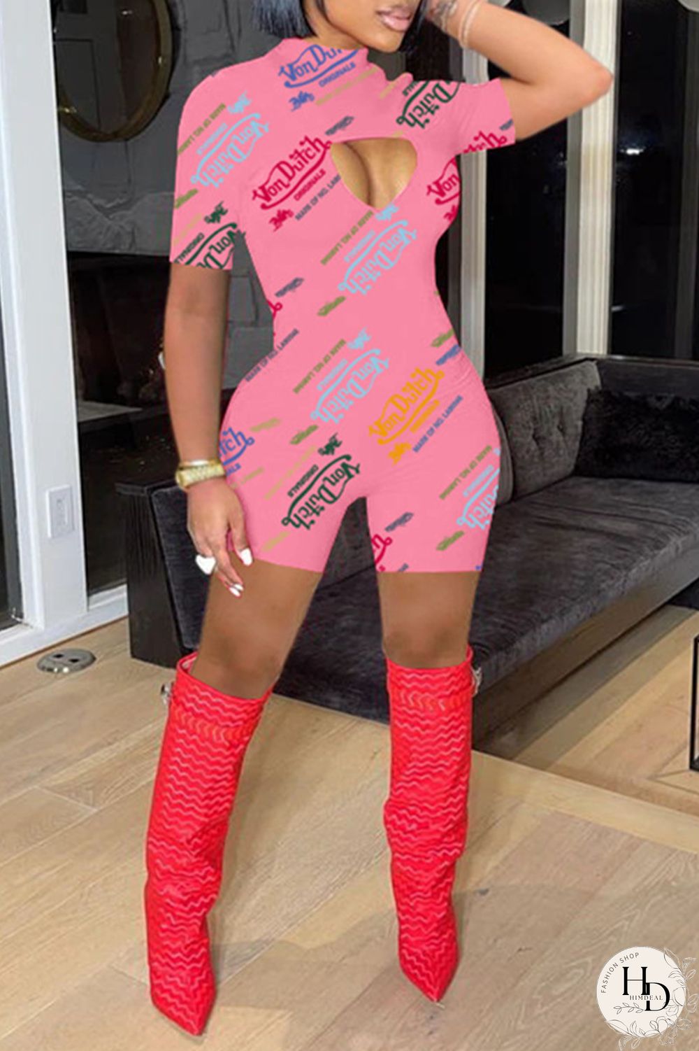 White Fashion Casual Print Hollowed Out Turtleneck Skinny Romper