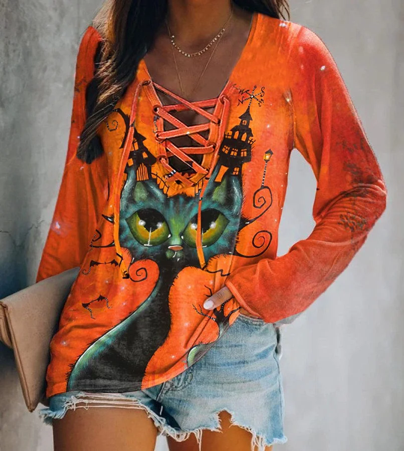 Mysterious Cat Bat Print Long Sleeve T-shirt