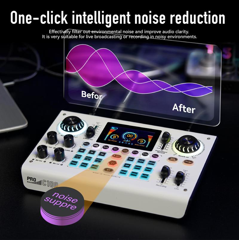 Product Introduction of HiCall C100PRO-P15 Live Audio Mixer. 48V Digital Sound Card. Dual DSP Chips. High Sampling Rate. Custom Effects. Sing Along. Instrument Reverb. Digital Display. Mute. RGB Light .FathersDayGift 2