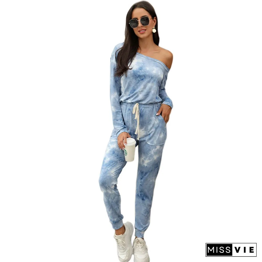 Womens Tie Dye Print Jumpsuit Streetwear Off Shoulder Lace One Piece Romper Overalls