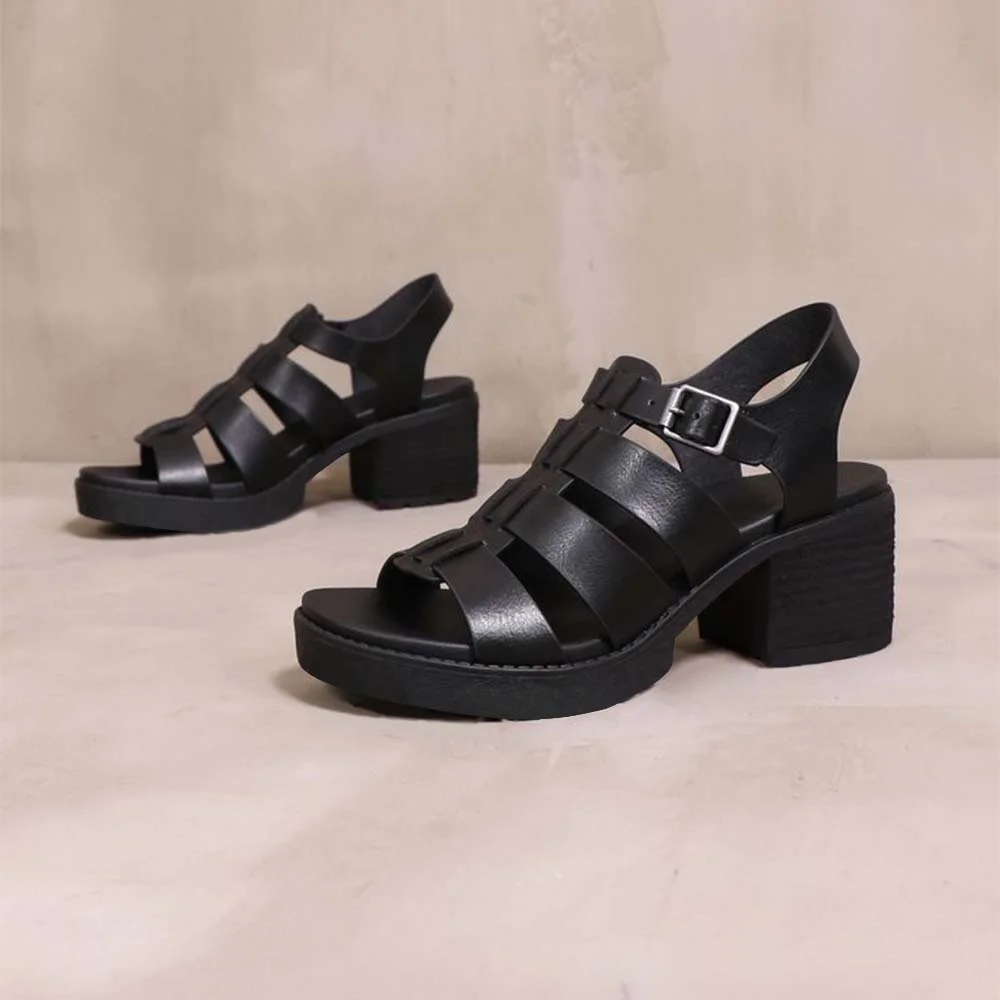 Black Summer  Fish Man Sandals With Chunky Low Heels Nicepairs