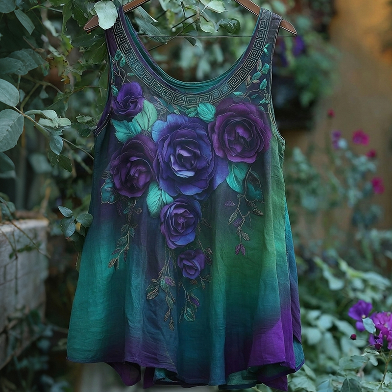 Women's Vintage Purple Rose Gradient Sleeveless Vest elevenforest