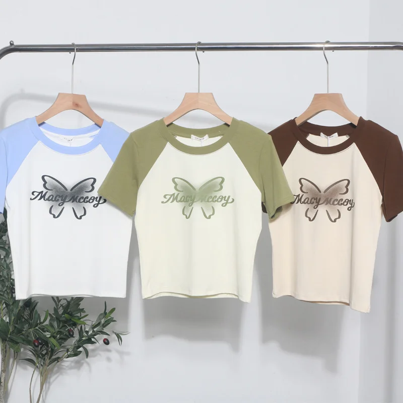 Uveng Retro Printed Short-Sleeved T-Shirt Women's Short-Coln High-Waisted Body Shirt 88899