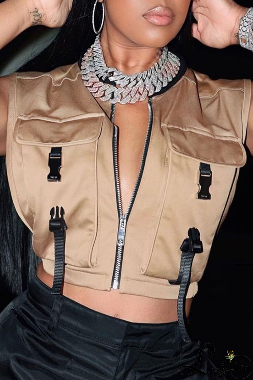 Purple Casual Street Solid Split Joint Pocket Zipper Tops