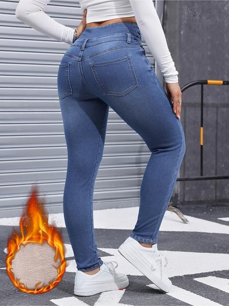 Women's High Elasticity Fleece Lined Thick Denim Jeans, Fall & Winter Fashion, Comfortable Slimming Jeans, Elegant Style Women's High Elasticity Fleece Lined Thick Denim Jeans, Fall & Winter Fashion, Comfortable Slimming Jeans, Elegant Style