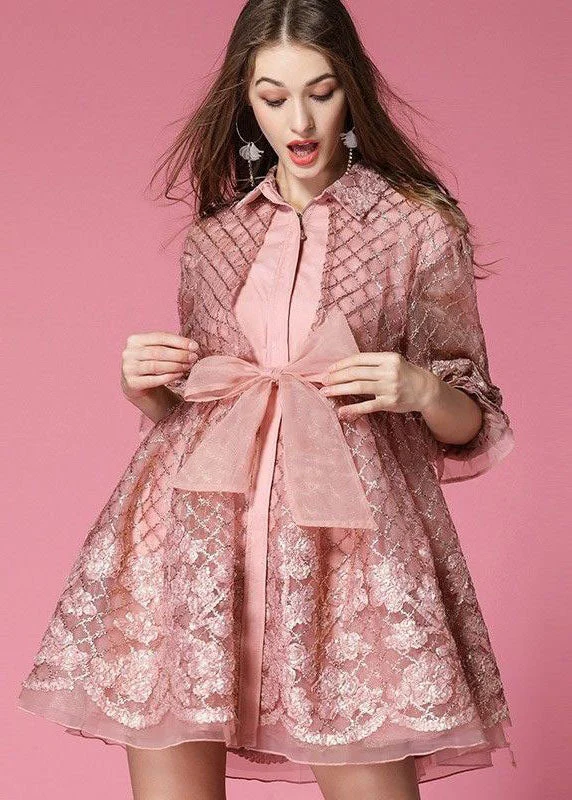 Fashion Pink Peter Pan Collar Bow Organza Day Dress Spring