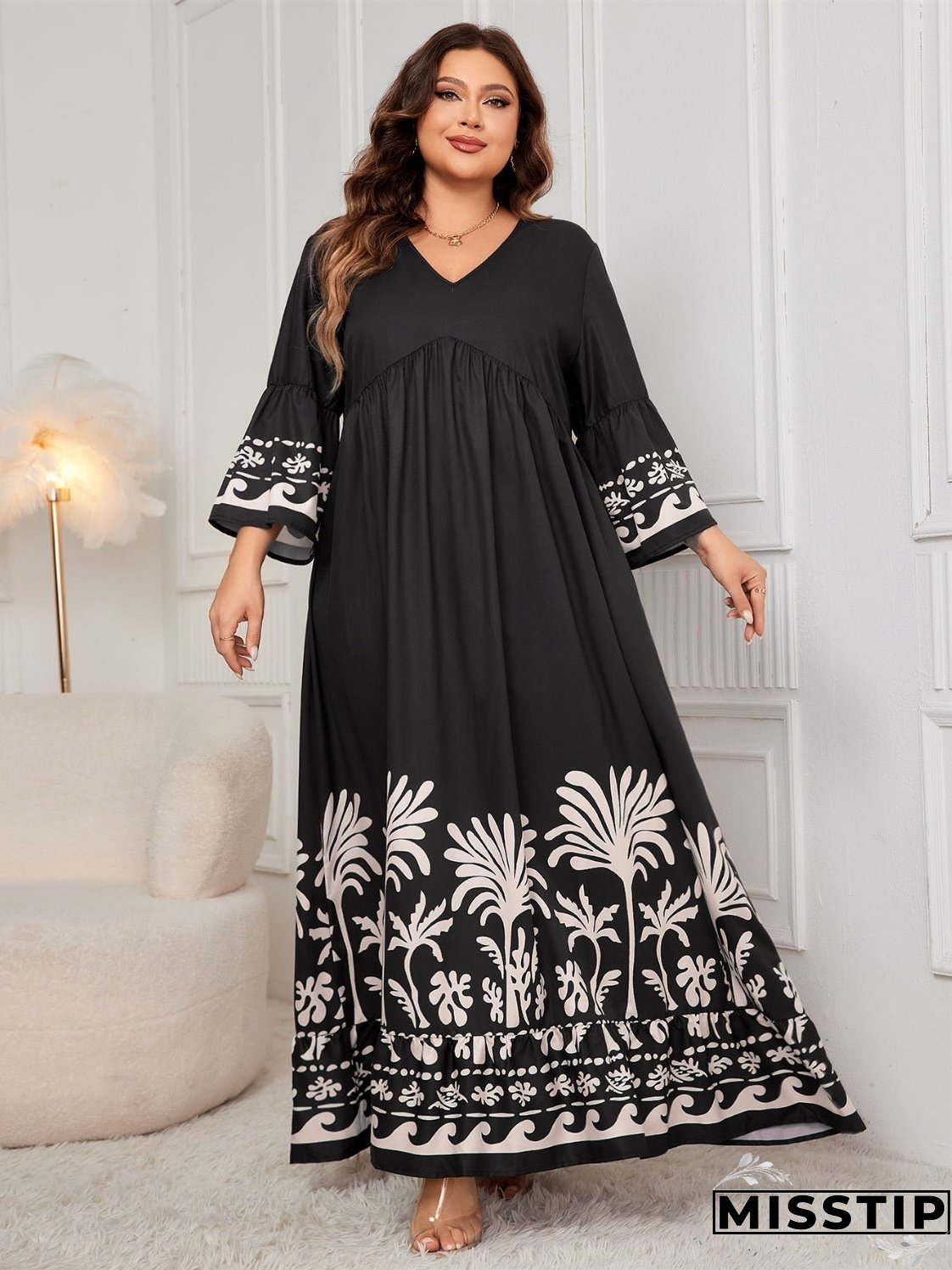 Plus Size Printed V-Neck Long Sleeve Maxi Dress