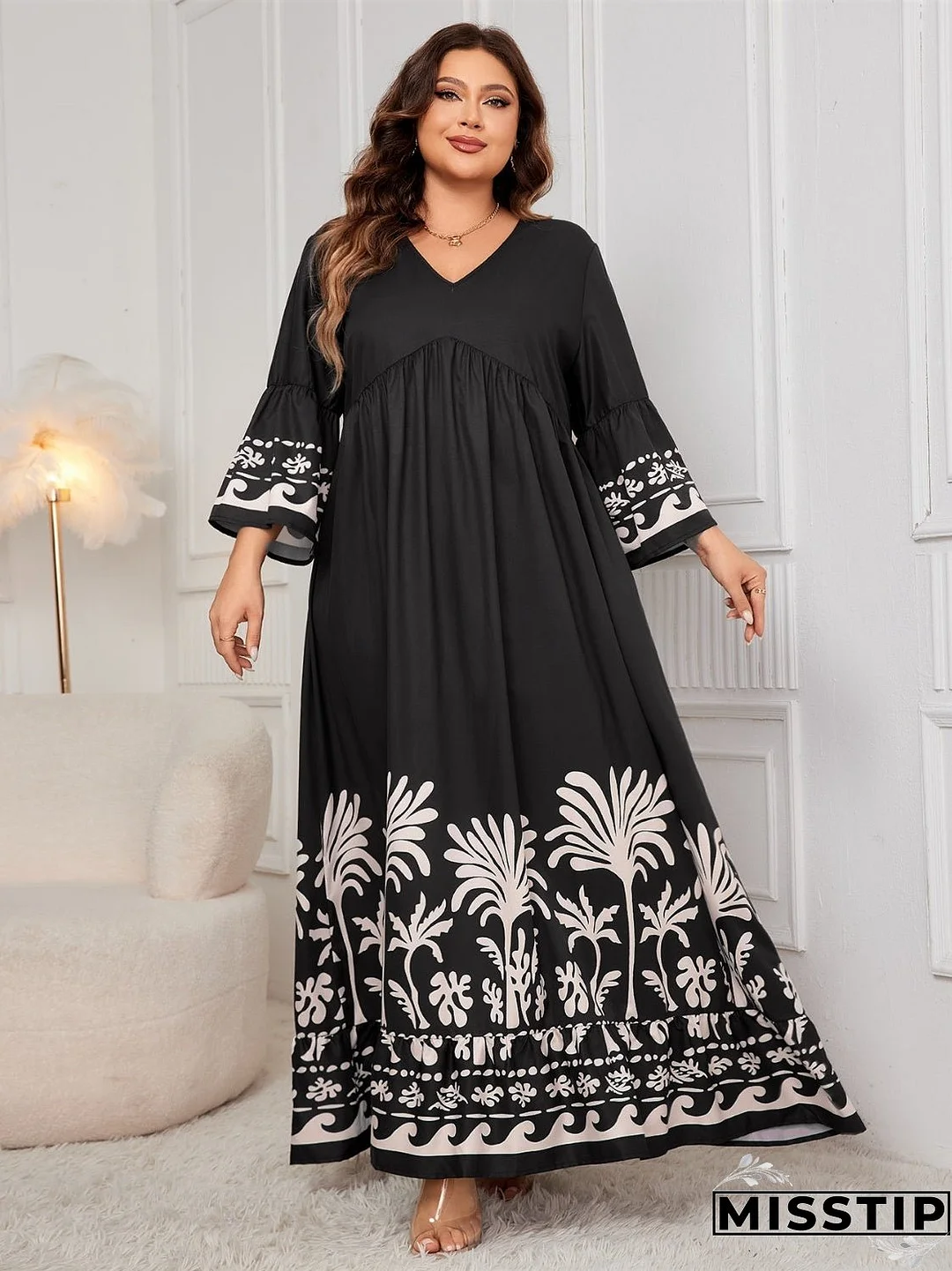 Plus Size Printed V-Neck Long Sleeve Maxi Dress