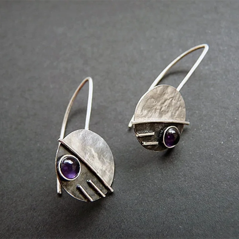 Vintage Round Metal Hand Engraved Pattern Inlaid Purple Stone Hook Drop Earrings for Women