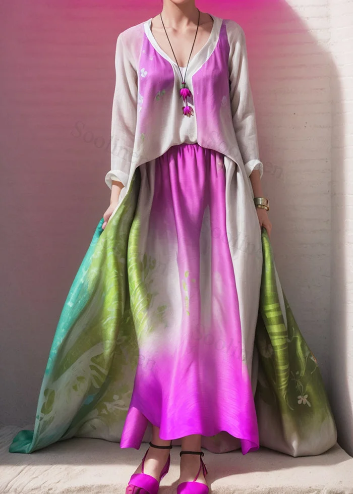 Beautiful Gradient Color Exra Large Hem Silk Beach Dress Summer