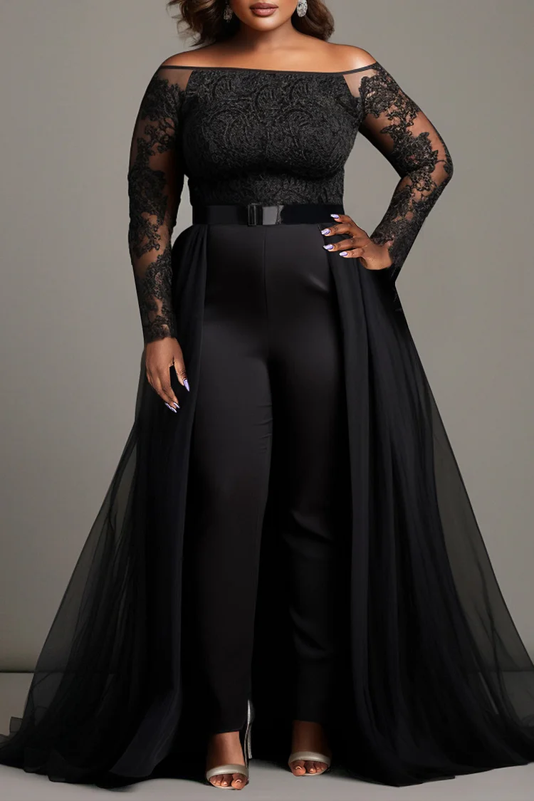 Xpluswear Design Plus Size Mother Of The Bride Black Elegant Off The Shoulder Long Sleeve See Through Detachable Overskirt Tulle Lace Jumpsuits [Pre-Order]