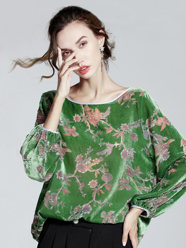 Green Floral Silk Velvet Blouse REAL SILK LIFE