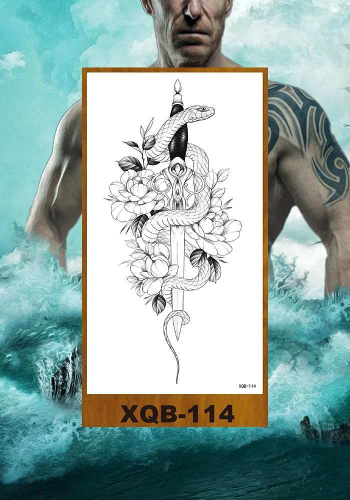 Temporary Flower Arm Tattoos Stickers Samurai Sword Dragon Snake Totem Men Women Girls Chest Fake Tatoo Drop Shipping DIY