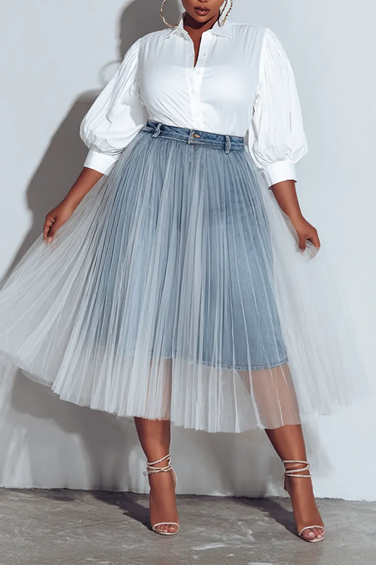 Xpluswear Design Plus Size Business Casual Tulle White Pleated Contrast Tencel Denim Skirts [Pre-Order] 2024 - Xpluswear