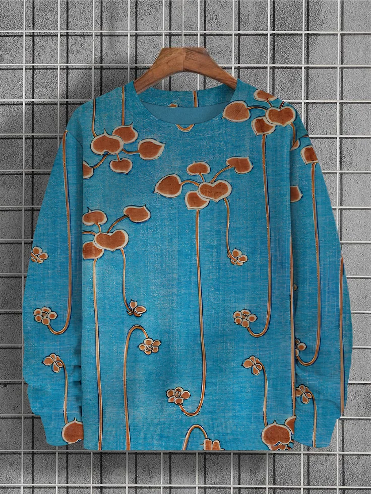 Men's Japanese Art Watanabe Seitei Vintage Flower Illustration Print Casual Sweatshirt