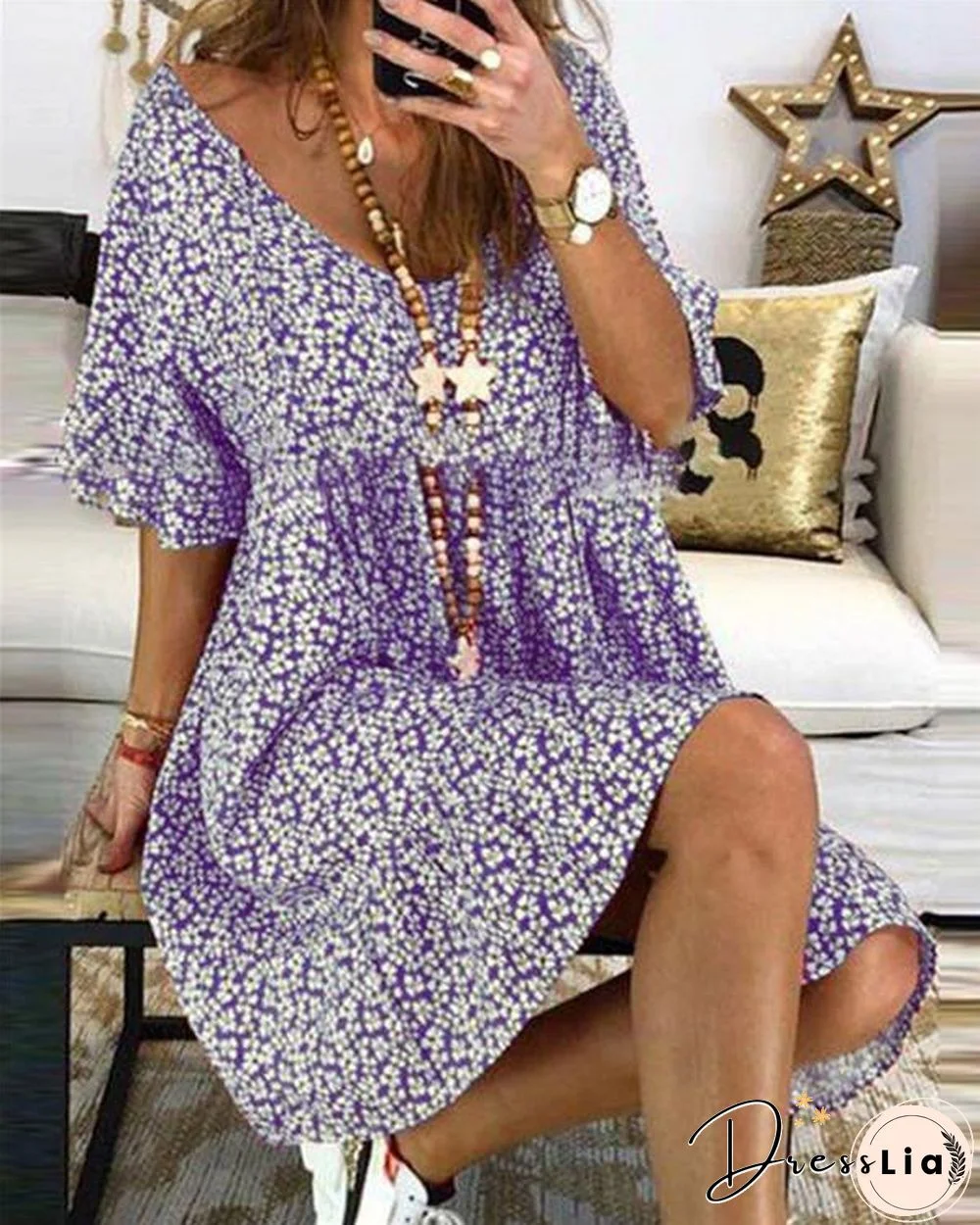 Casual Floral Printed Crew Neck Short Sleeve Plus Size Dress