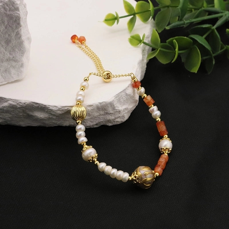 Minimalist Commute Round Freshwater Pearl Copper Beaded Plating Pearl 18k Gold Plated Bracelets