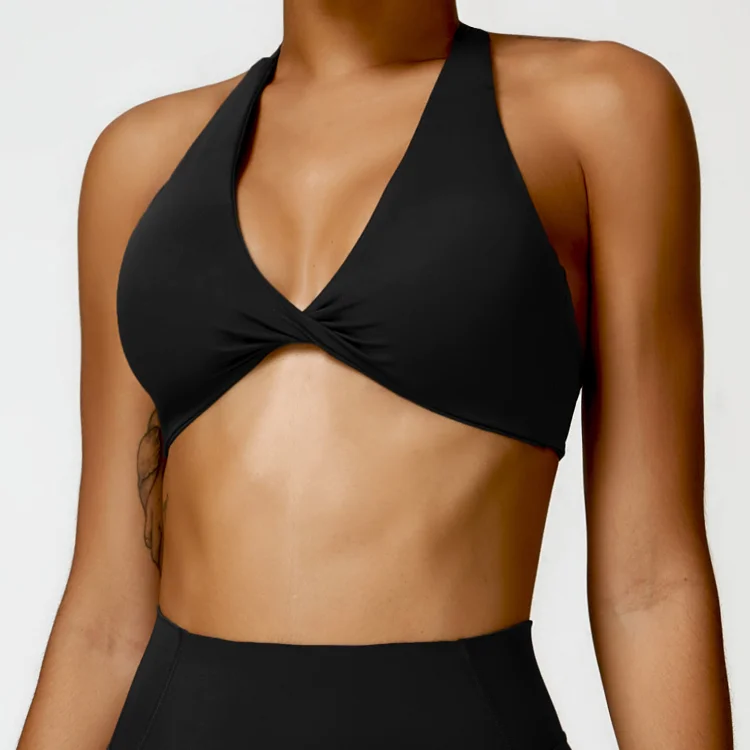 PASUXI New Custom Logo Low V-neck Thin Strap Chest Twist Hollow Out Sports Push Up Bra Vest Gym Fitness Sports Women Yoga Bra huanwei
