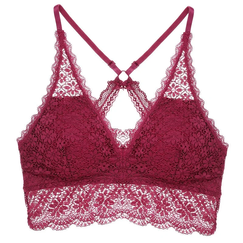 FINETOO Sexy Bralette Padded Bras For Women Transparent Wireless Bra Lace Intimates Lace Bralette Backless Brassiere Crop Tops