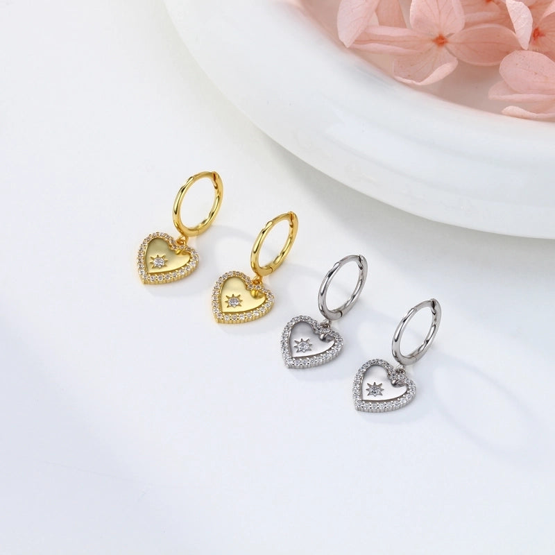 1 Pair 925 Sterling Silver Zircon Heart Shape Solid Color Drop Earrings