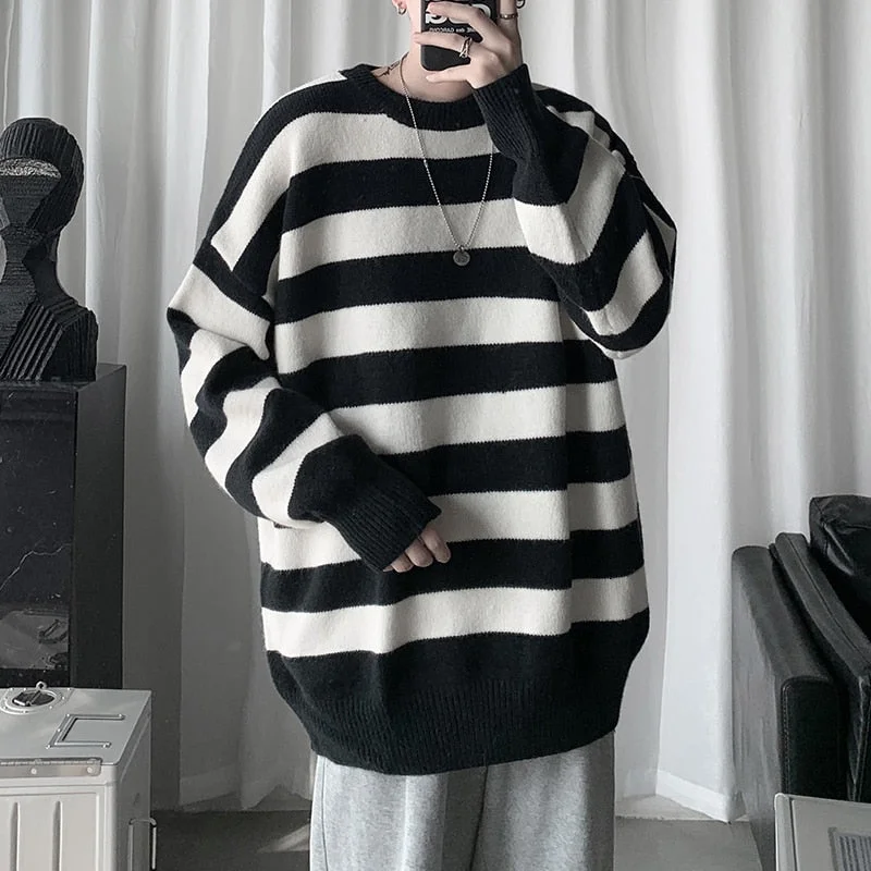 Privathinker 2021 Men's Winter Sweater Harajuku Fashion Striped Sweter Oversize Pullover Warm Knitted Sweater Men's Clothing