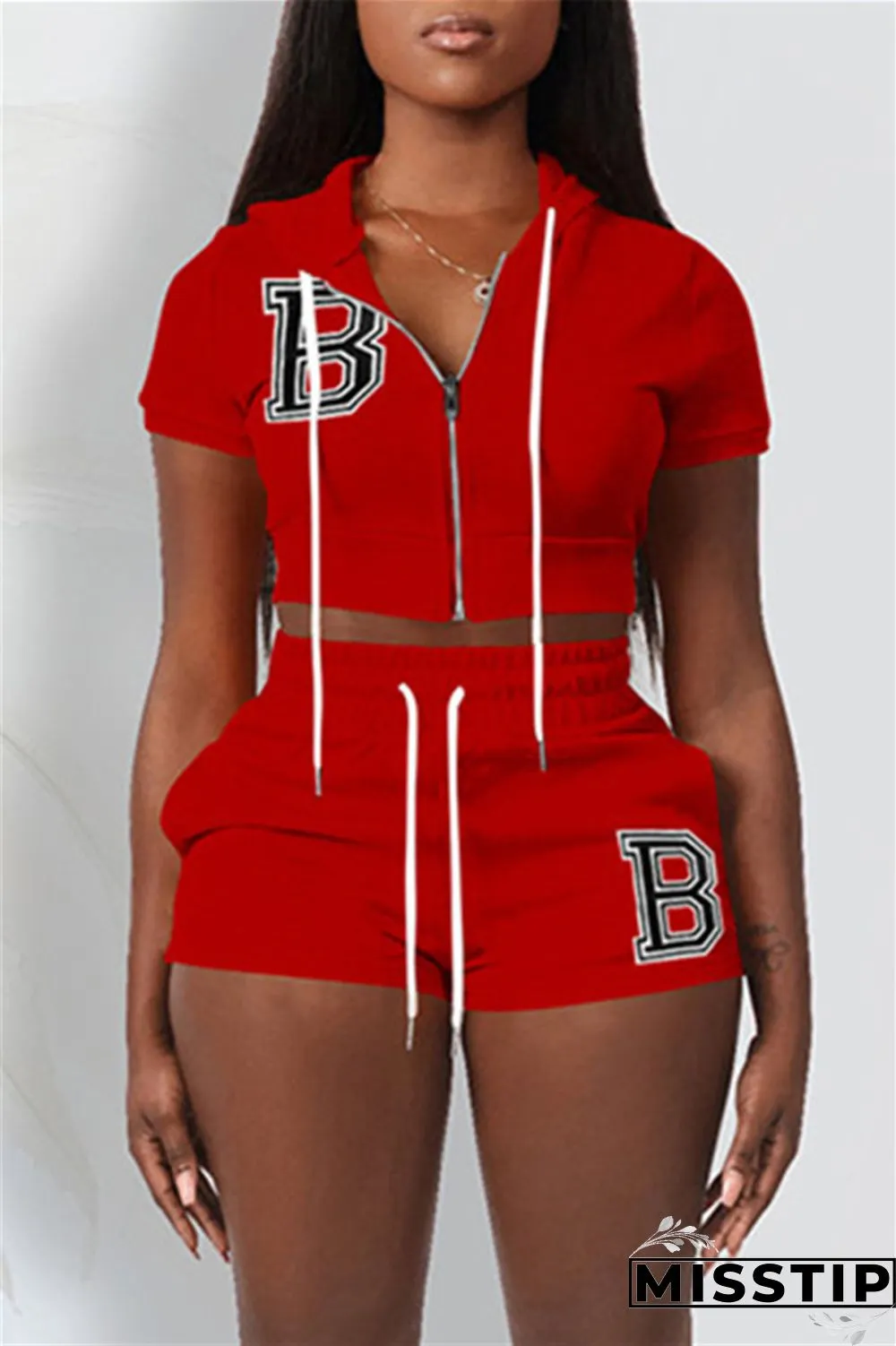 Red Fashion Casual Letter Solid Embroidered Hooded Collar Short Sleeve Two Pieces