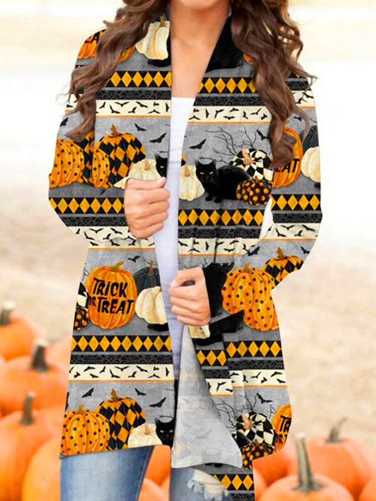 Halloween Pumpkin Cat Casual Cardigan