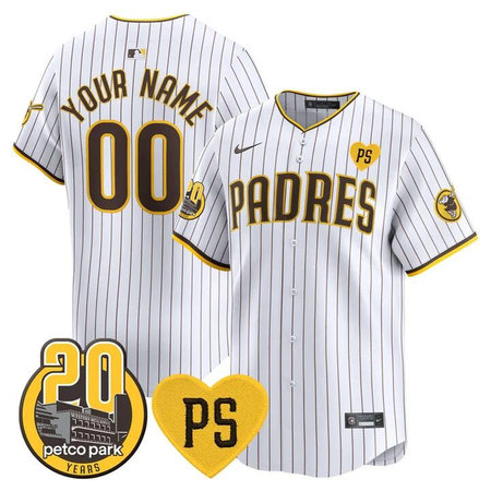Youth San Diego Padres White "For Peter" And Petco Park 20th Patch Limited Custom Jersey